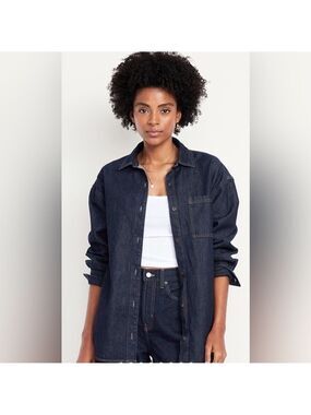 Old Navy Dark Wash Oversized Boyfriend Button-Down Denim Jean Shirt Top NWT L
